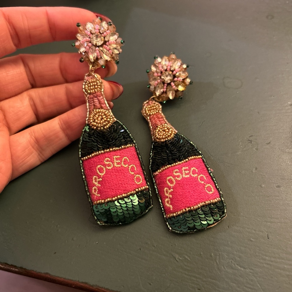 Prosecco Bottle Earrings with Pink and Green Sequins